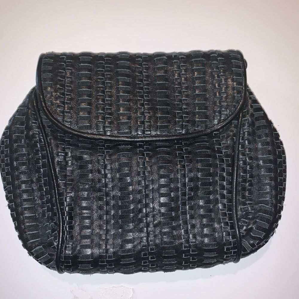 Black Leather basket weave clutch or shoulder bag
